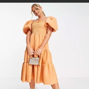 shirred puff sleeve tiered prom midi dress in apricot